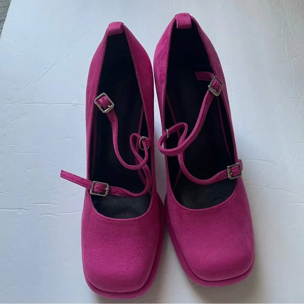 Pink Suede Mary Jane Platform Heels, 7 - Picture 2 of 11